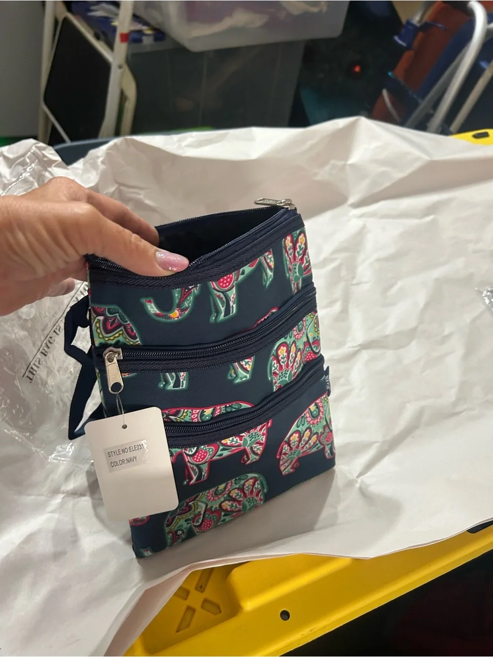 Navy Elephant Print Triple Zip Women’s crossbody
